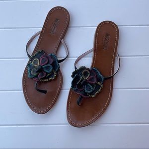 Moschino Jeans Leather Flower Rainbow Black Brown Flip Flop Sandal Thong Shoes